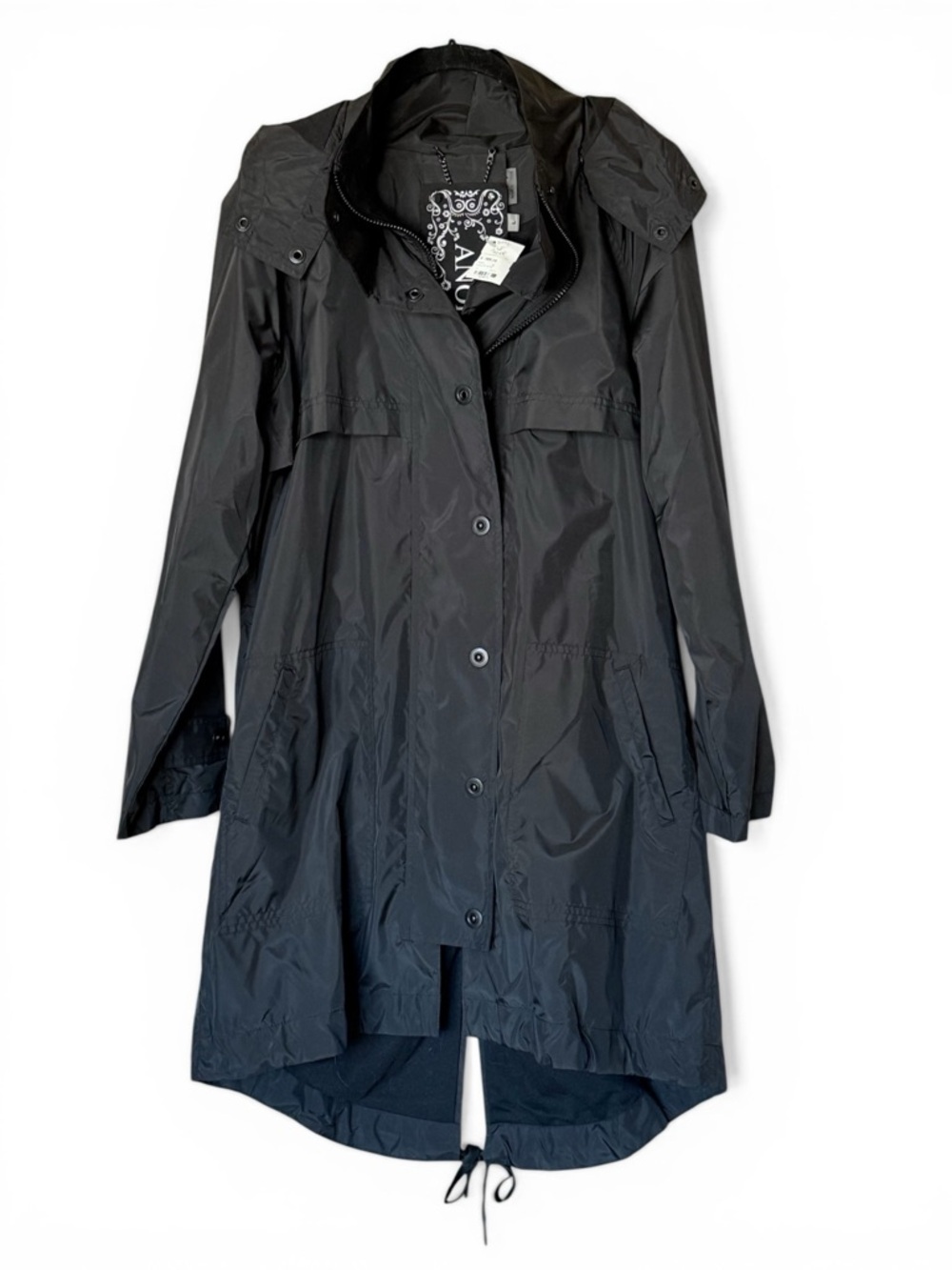 Anorak Rain Wind Jacket Black Hooded Longline Drawstring Waist Women’s Large